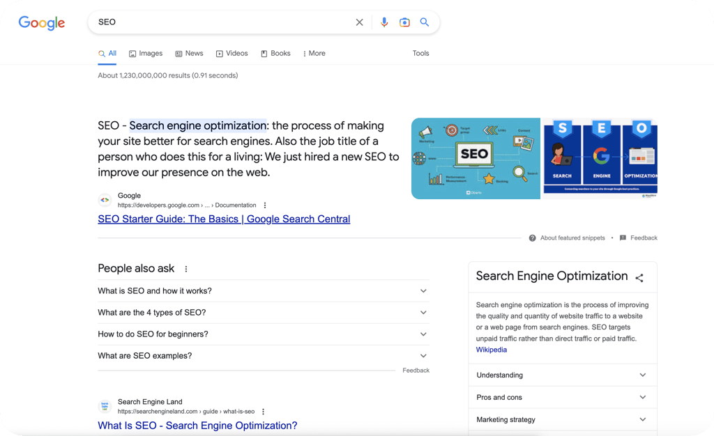 Search Results are so much more than listings. Consider Featured snippets, business profiles and other organic features.
