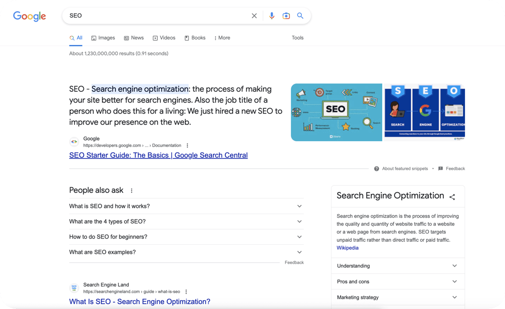 Search Results are so much more than listings. Consider Featured snippets, business profiles and other organic features.