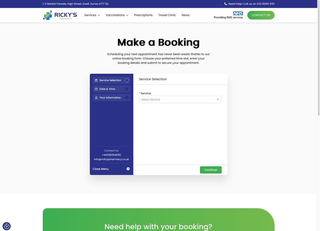 Ricky's Pharmacy Booking - Website Development